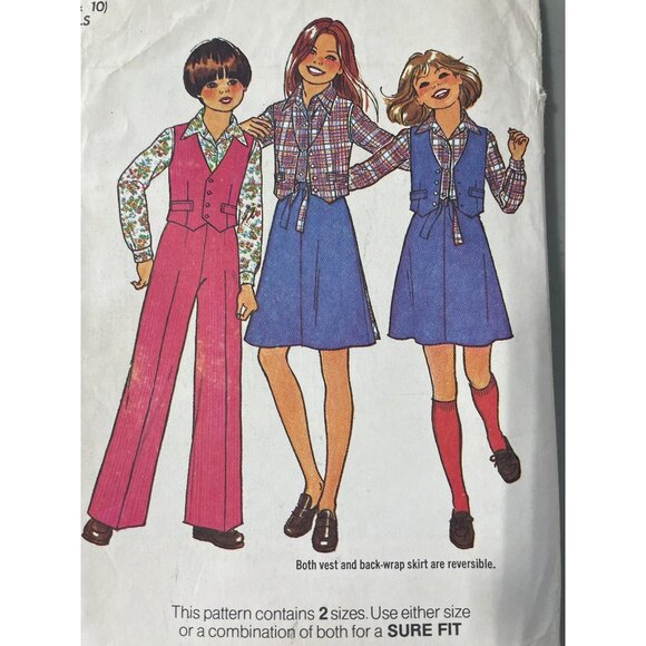 70s Simplicity 7909 Girls Sewing Pattern Size B 810 Vest Shirt Pants Skirt CUT - Picture 3 of 7